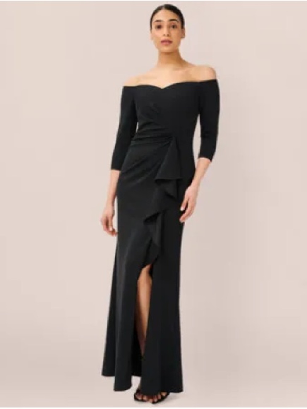 Adrianna Papell Elegant Off-Shoulder Black Ruffle Gown